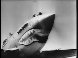 B/W 1942 low angle close up spinning propeller on fighter plane with painted teeth / Flying Tigers - Warhawk / news Stock Footage