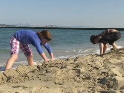 MS Shot of children playing at beach in holiday / Puerto Pollenca, Mallorca, Balearic Islands, Spain Stock Footage