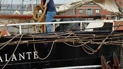Ship's rope on boat deck Stock Footage