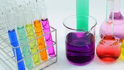 panning : many chemicals in different glassware Stock Footage