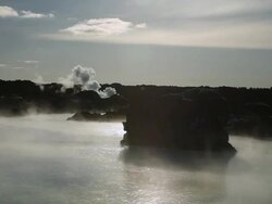 MS Steam blowing by volcanic rocks at hot spring / Haukadalur, Haukadalur, Iceland Stock Footage