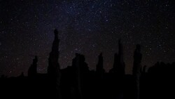 Starlight illuminates the silhouettes of tufa rocks. Stock Footage