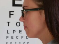 Fitting spectacles, eye test girl. Stock Footage