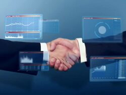 Businessmen handshake with 3D financial graphs Stock Footage