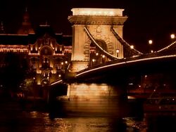 Gresham Palace & SzÃ©chenyi chain bridge at night, Budapest Stock Footage