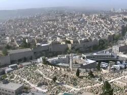Aerial Nablus gate in the old city of Jerusalem, Jerusalem, Israel Stock Footage