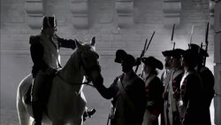 Fog drifts around a military leader on horseback and soldiers in French Revolution uniforms. Stock Footage