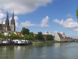 T/L Old town of Regensburg and the Old Stone Bridge over the Danube river Stock Footage