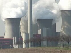 MS Smoke stacks of  nuclear power plant / Niederaubem, North Rhine- Westphalia, Germany Niederaubem, North Rhine- Westphalia, Germany  Stock Footage