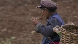 A Tibetan woman smokes a pipe as she walks with a large basket on her back. Stock Footage