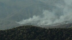 Aerial panning: tropical forest fires in dark day Stock Footage
