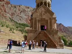 Noravank monastery, the faÃƒÂ§ade of Surb Astvatsatsin church Stock Footage