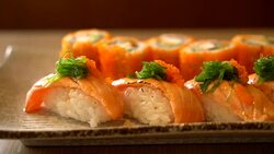 salmon sushi and salmon maki Stock Footage