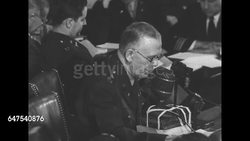 US Gen. George Marshall testifying before members of Joint Pearl Harbor Committee in Washington, DC News Clip
