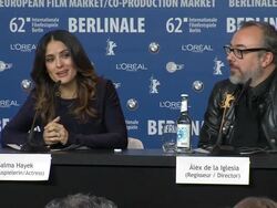 INTERVIEW: (SPANISH) Alex de la Iglesia, Salma Hayek on the challenges at As Luck Would Have It Press Conference: at the Grand Hyatt on February 15, 2012 in Berlin, Germany. (Footage by WireImage Video/Getty Images Entertainment Video)  Stock Footage
