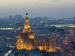 WS AERIAL T/L Spiral mosque of Kassem darwish fakhroo Islamic centre of city / Doha, Qatar Stock Footage