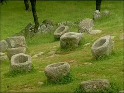 Stone containers used for feeding Toros Bravos (Bullfighting bulls), Sierra de Andujar, Andalucia, Spain Stock Footage