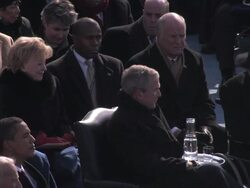 January 20, 2009 President George W. Bush sitting next to President Barack Obama at Obama's inaugural ceremony/ Washington DC Stock Footage