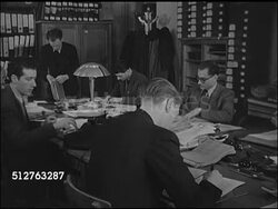 1947: PARIS, FRANCE: DRAMATIZATION: 'Andre DuBois' smoking cigarette at cafe table, at work using calculator at group desk, riding in metro train car w/ La Tour Eiffel BG, walking away from metro subway station, commuting from work. Instructional Video