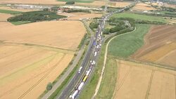 Aerials of a lorry traffic jam in Calais News Clip