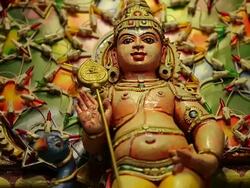 CU PAN Shot of Sculpture of hindu temple / Mahe, Seychelles Stock Footage