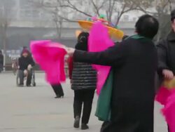 MS PAN People performing yangko dance during Chinese spring festival in park AUDIO / xi'an, shaanxi, china Stock Footage