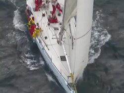 Brokenwood, the 54ft yacht sailed by Sailors with Disabilities in the 2009 Sydney to Hobart Yacht Race. Skippered by David Pescud, Australia Stock Footage