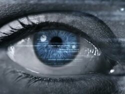 Female eye with program code. Futuristic. Technology. Dark. Stock Footage