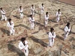 WS CS PAN Korean Martial arts group performing taekwondo  / Kyungkido, Bucheon, South Korea Stock Footage