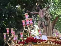 Statue of Jesus Christ being carried by Costaleros bearing a Trono a religious procession through the streets of Malaga, Spain, Europe Stock Footage