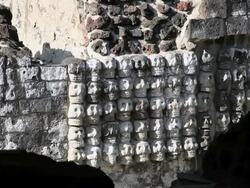 CU Wall of ancient temple with carved skulls/ Mexico City, Mexico, Mexico Stock Footage