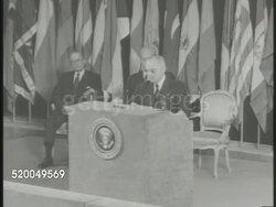 1951: JAPANESE PEACE TREATY: SAN FRANCISCO, CALIFORNIA: ** VS United States President Harry S. Truman (1884-1972) standing at podium in auditorium speaking (SOT), '... from now on only equals in the pleasantry of peace.' HA WS Audience clapping. CA Instructional Video