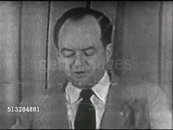 1952: HUMPHREY SPEAKS: MS Senator Hubert Humphrey (1911-1978) behind Conrad Hilton podium, SOT talking about Civil Rights, eliminating discrimination, '...guaranteeing these basic human rights.' (01:06:41:2 to 01:06:58:02 picture loss, good audio) Instructional Video