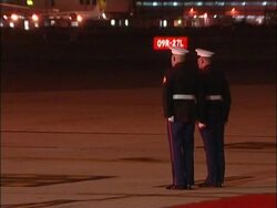 US marines stand to attention as presidential helicopter departs Stock Footage