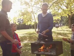 Family grilling hot dogs in park Stock Footage