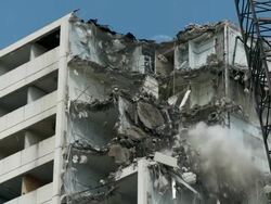 MS Wrecking ball demolishing building / Chicago, Illinois, USA Stock Footage