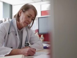 Smiling doctor working at desk Stock Footage