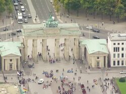MS AERIAL ZO View over Brandenburg Gate / Berlin, Germany Stock Footage