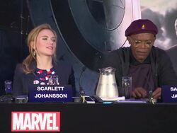 INTERVIEW - Chris Evans, Scarlett Johansson, Samuel L Jackson, Sebastian Stan, Anthony Mackie on their life heros at 'Captain America: The Winter Soldier' press conference Stock Footage