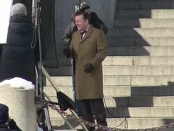 Ricky Gervais on location for the movie 'Night at the Museum 3' on the steps of the American Museum of Natural History Stock Footage