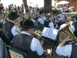 MS PAN Pilgrimage of societies for traditional costumes at abbey Maria Eck near Siegsdorf, Chiemgauer Alps / Siegsdorf, Bavaria, Germany Stock Footage