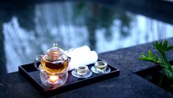 elegant tea set near spa pool outdoors Stock Footage