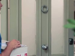 Delivery man knocking on front door, delivering parcel Stock Footage