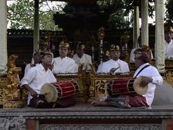 MS Balinese musicians playing traditional Gamelan Orchestra in Pura Dalem Puri temple AUDIO / Ubud, Bali, Indonesia Stock Footage