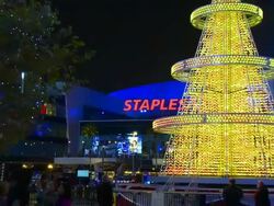 CU, ZO, WS, Staples Center and giant LED lighted Christmas tree at night, Los Angeles, California, USA, Stock Footage