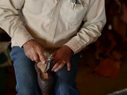 TD MS boot maker tacking vamp to sole of boot Stock Footage