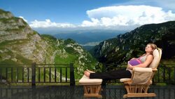 A pregnant woman relaxes in a glider against a computer generated mountain range. Stock Footage