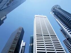 High Rising Buildings at Raffles Square, low angle view, rotate, Singapore Stock Footage