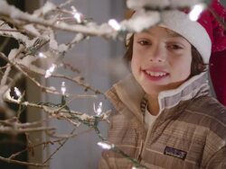 CU Shot of little boy setting lights on outdoor Christmas tree and smilling / Yarmouth, Maine, United States Stock Footage