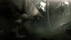 A T-Rex runs through a forest, eats a small animal, and prepares to fight with another dinosaur in a computer generated animation. Stock Footage